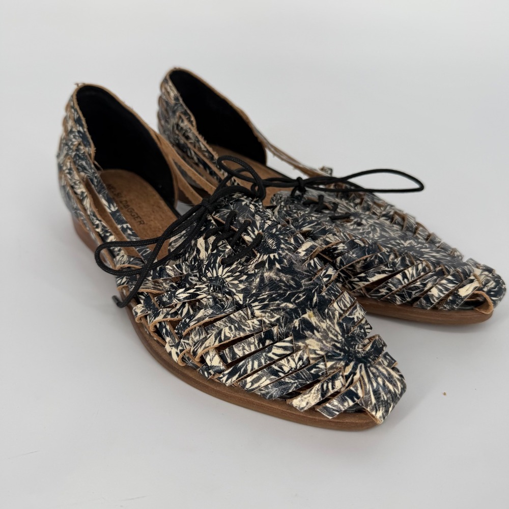 KELSI DAGGER BROOKLYN LACE-UP BRAIDED LEATHER HUARACHE FLATS ABSTRACT FLORAL 8